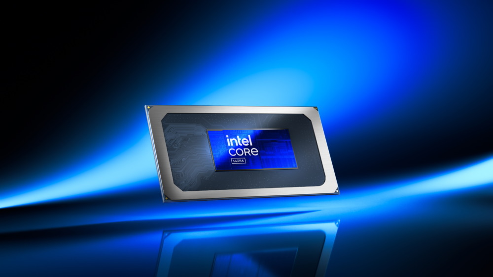 Intel Core Ultra CPU against blue background