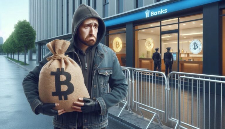 end of ransomware shown by attacker holding big back of cryptocurrency outside a bank he can't get into