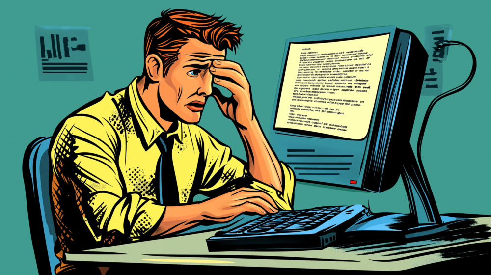 Man despairs at reading contract on computer screen