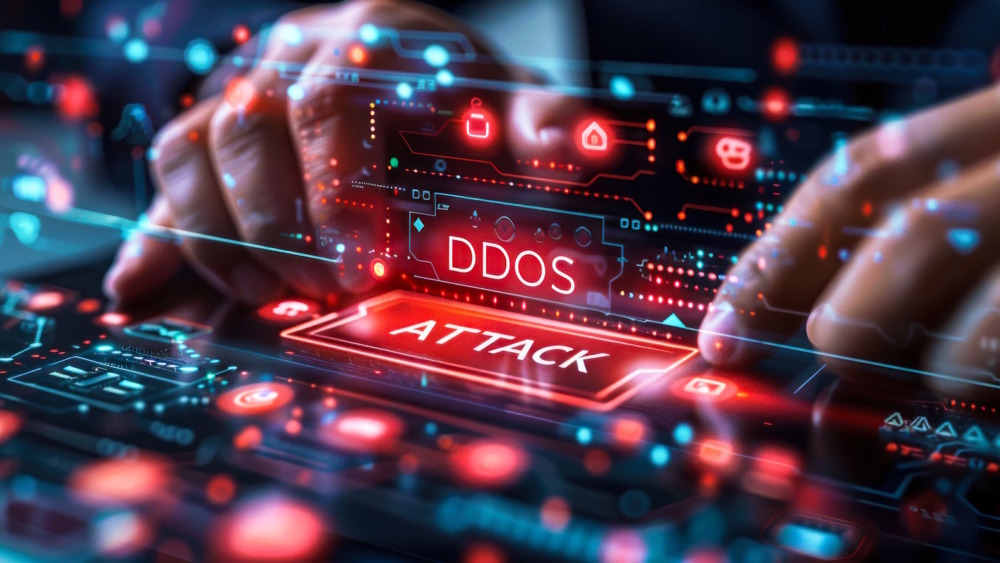 DDoS DNS attacks illustration (fingers above DDOS Attack symbol)