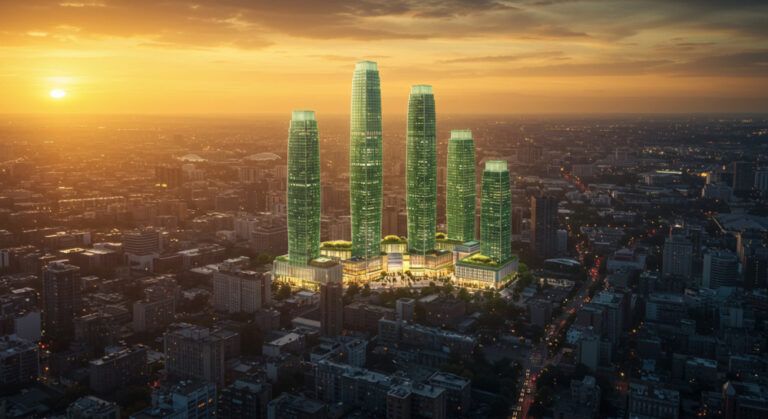 AI accelerator eco cities shown by urban landscape with five new skyscrapers that shine green
