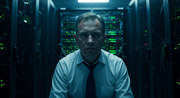CISO stress and burnout shown by IT manager sitting in front of bank of servers looking exhausted