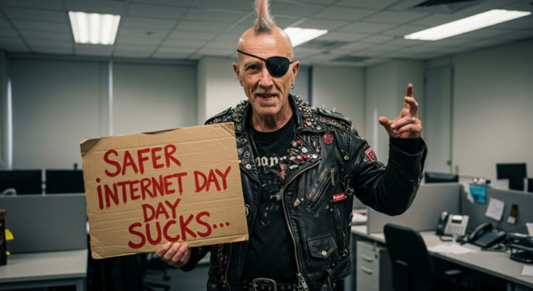 Safer Internet Day sucks - image of a punk holding a placard saying "Safer Internet Day sucks"