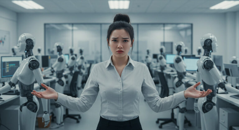 ai at work shown by Unhappy female office worker staring into the camera with arms extended to show their despair at AI humanoids busy at work all around them