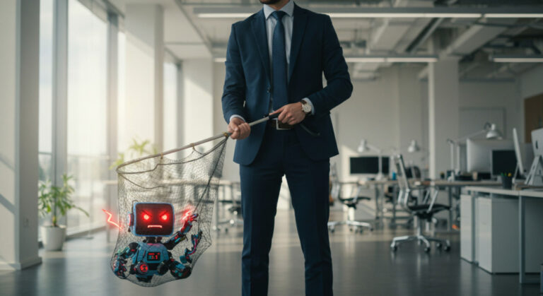 Azure AI Foundry security shown by man holding a net with an angry AI bot inside