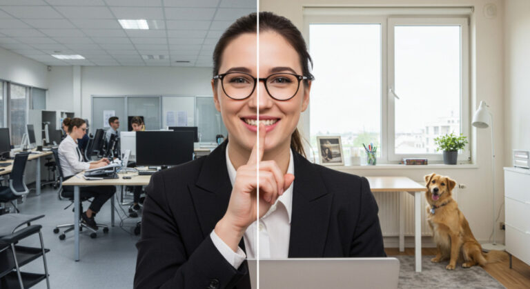 what is hushed hybrid shown by office worker half at work and half at home