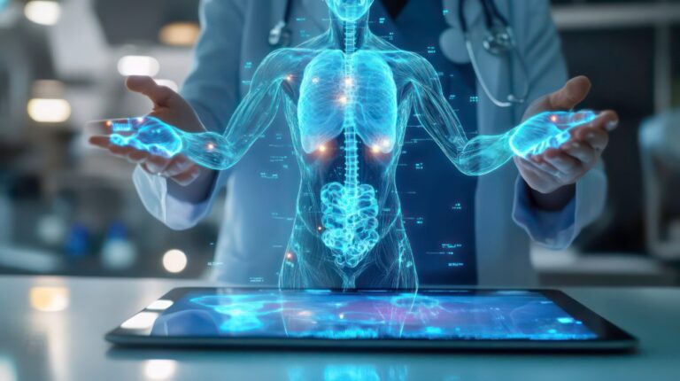 AI NHS shown through hologram of human body