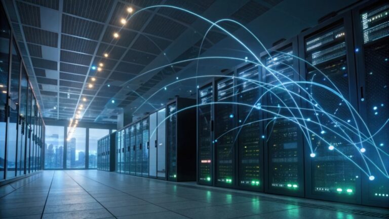 Dell ITE Cloud Centre shown by Futuristic Data Center Interior with cityscape in background