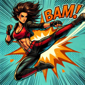 a fierce female action hero kicking ass in a bold, dynamic cartoon style