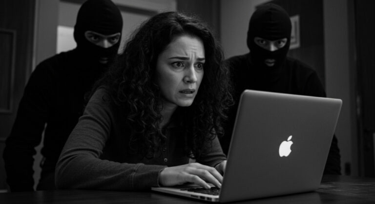 mac phishing hackers shown by woman using MacBook with men in balaclavas behind her