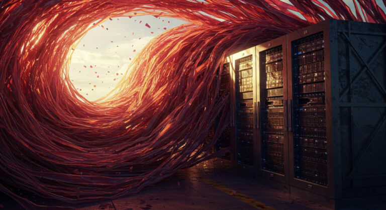 Tsunami of silk ribbons attacking a server to represent Silk Typhoon hackers