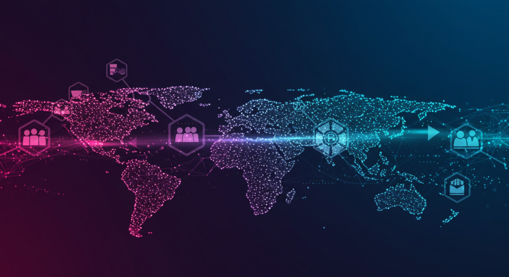 Abstract blockchain concept being put to use in supply chain. Do not include hands.