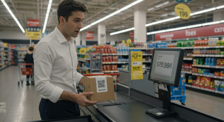 qr codes cost shown by businessman standing at till looking shocked at the cost for a box of QR codes