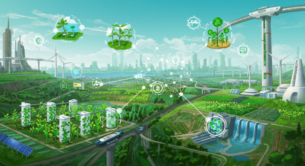 blockchain startups shown by image showcasing elements like renewable energy symbols, farming, and futuristic technology, all interconnected by a web of blockchain