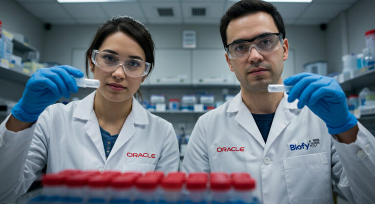 oracle biofy partnership shown by Close-up of two lab technicians working on antibiotics. They're looking at the camera. One of the technicians is wearing a lab coat with an Oracle logo, the other has a Biofy logo.
