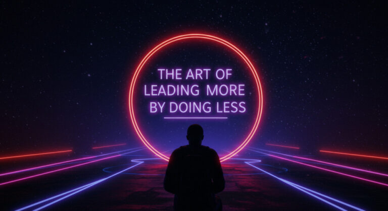 An image that can be used as the header for an article titled "The art of leading more by doing less" - make the image, neon, vanguardist. don't include any text characters in your image. aspirational