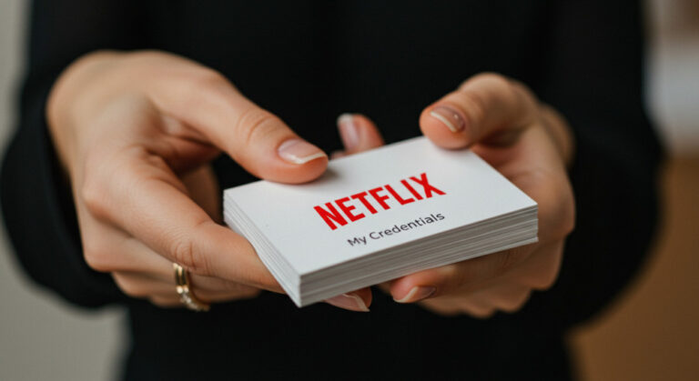 Credential sharing shown by close-up of a woman's hand holding business cards. She is handing them out. The cards include the Netflix logo and the words "My credentials".