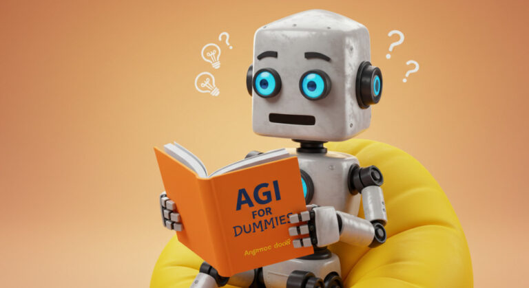 AGI large language models shown by Confused-looking robot reading a book titled "AGI for dummies"