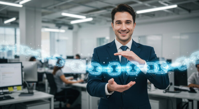 blockchain works shown by businessman holding virtual chain in office environment