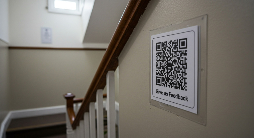 Close-up of landing in rented accommodation showing a QR code with "Give us feedback" underneath it