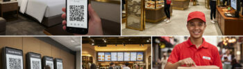 Collage of shots showing QR codes being used in hotel room, luxury shops, fast food restaurants, pizza delivery