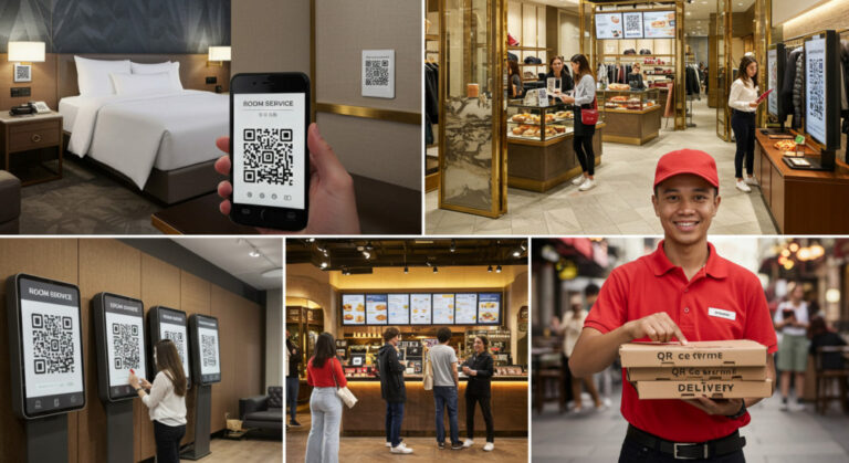 Collage of shots showing QR codes being used in hotel room, luxury shops, fast food restaurants, pizza delivery