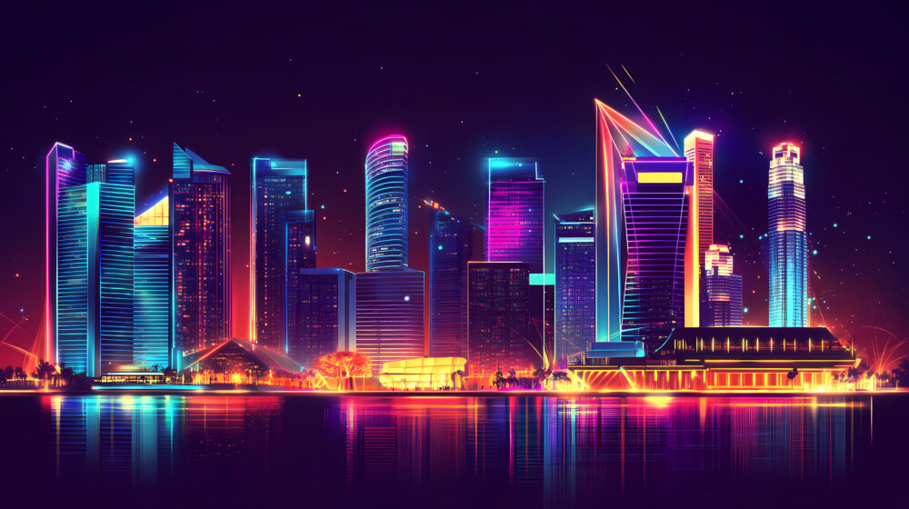 Singapore blockchain shown by futuristic singapore skyline with glowing smart city technology