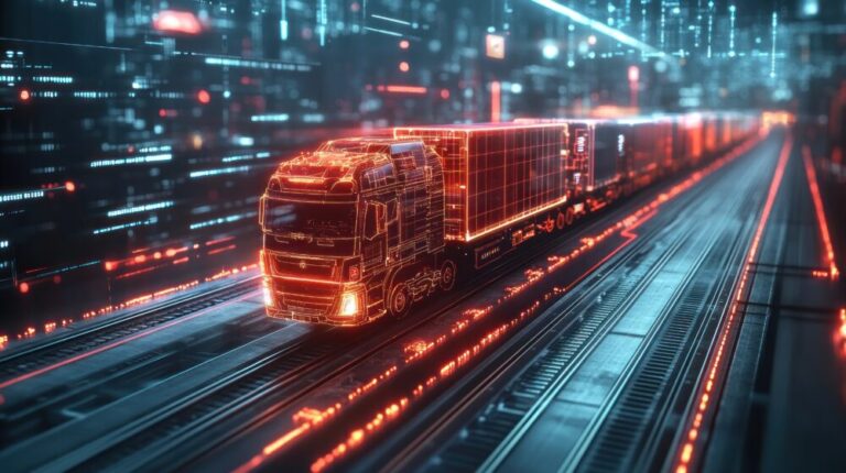 blockchain in supply chain shown by red truck hauling multiple trucks against a digitized background