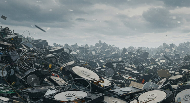 A massive pile of discarded hard disk drives and electronic waste under a cloudy sky, illustrating the scale of e-waste accumulation and the need for advanced recycling solutions.
