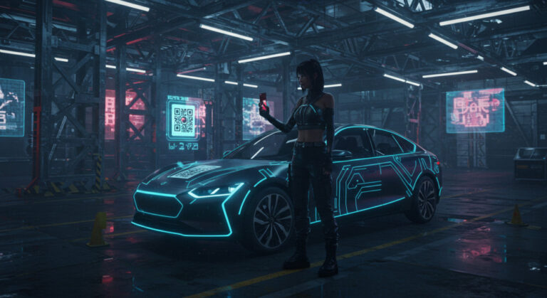 QR codes' future shown by Futuristic scene where woman is in a car park and scanning a QR code with her phone
