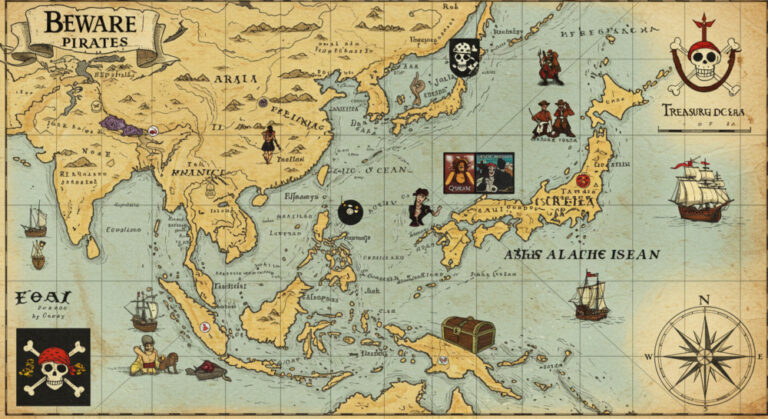 Future of OTT shown by old-fashioned map marked with lots of pirates and TV symbols