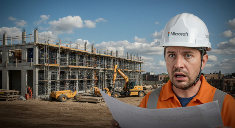 microsoft data centre delay shown by half-built data centre with Microsoft-helmeted foreman looking anxious