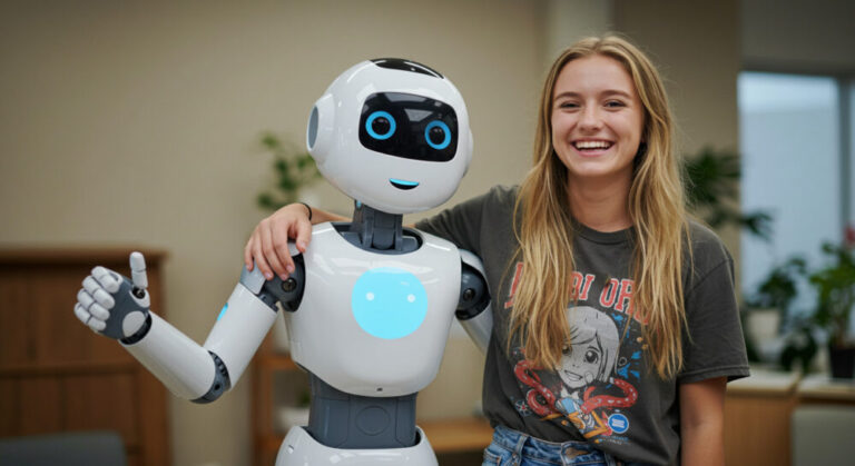 Say please to ChatGPT: image of chatbot and human with arms around each others' shoulders smiling into the camera