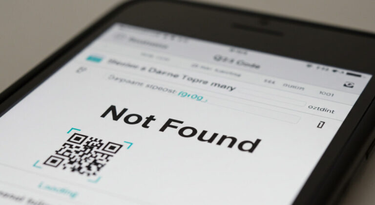 danger qr codes shown by a close-up of smartphone scanning QR code and being sent to a "Not found" website