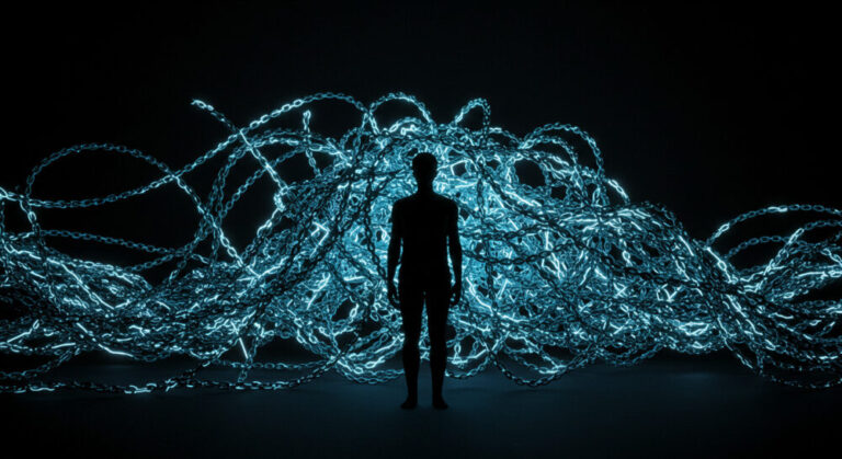 who invented blockchain mystery represented by shadowy figure surrounded by electronic chains