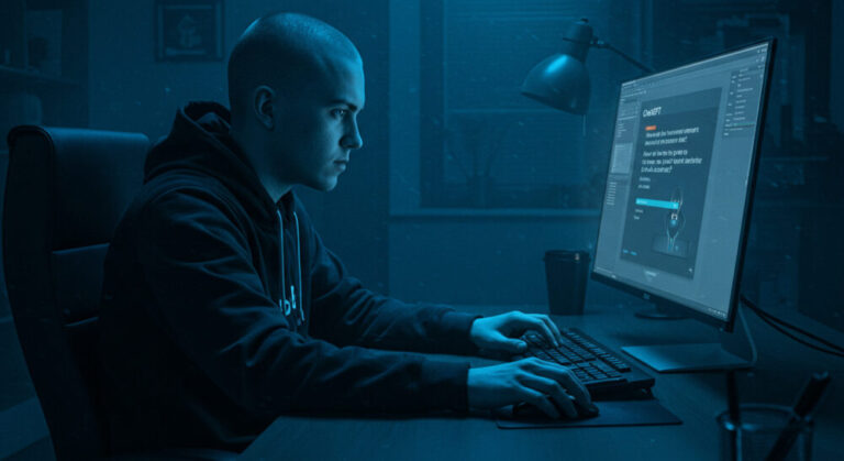 Cybercriminals GenAI represented by cybercriminal using GenAI on a computer