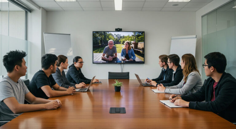 Gen Z office workers around table with older callers on Zoom