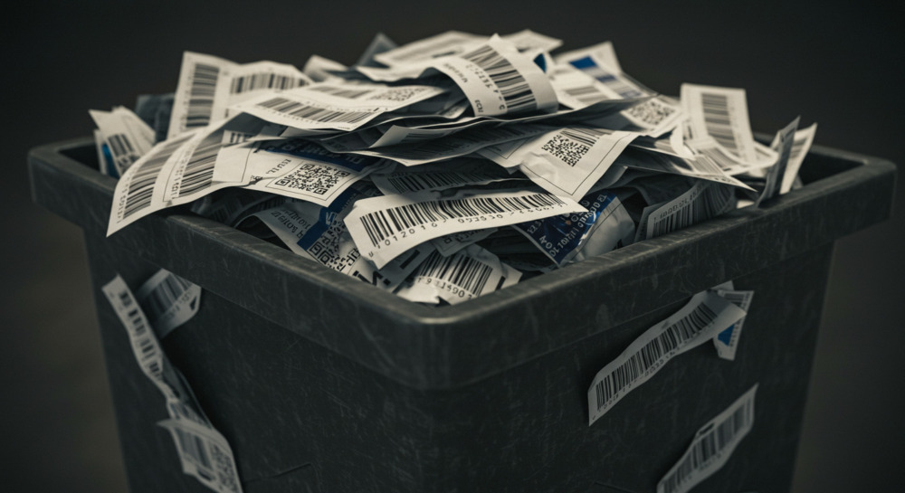 Close-up of bin full of ripped old-looking barcodes in a supermarket