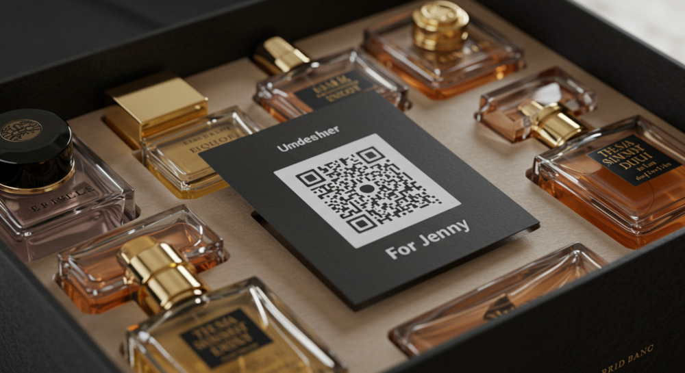 Close-up of QR code tucked in a gift set of perfumes. QR code is labelled "For Jenny"