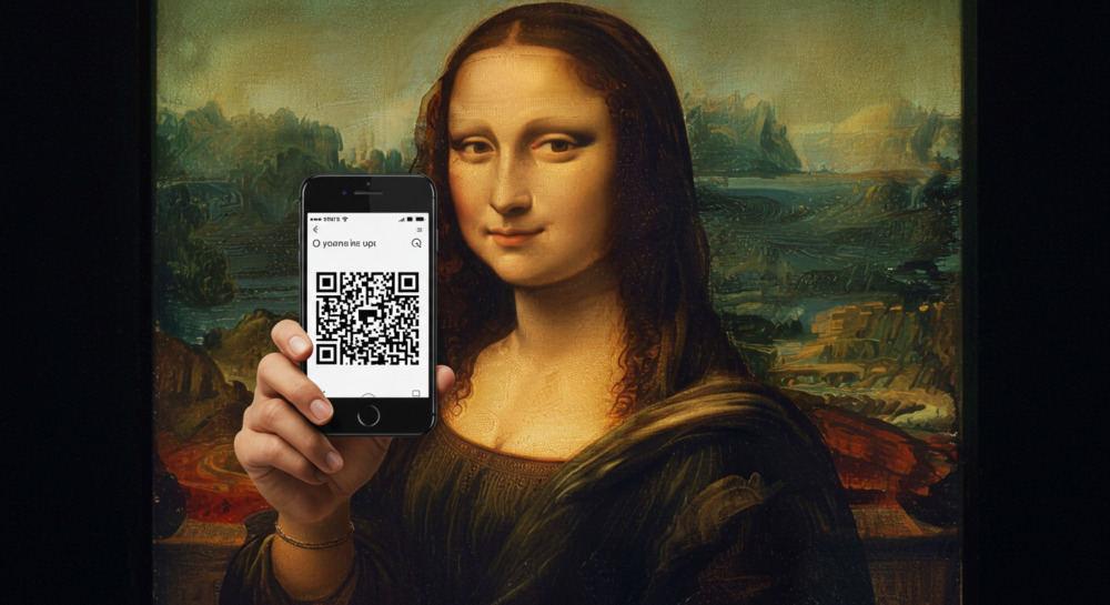 Mona Lisa holding a phone with a QR code for you to scan