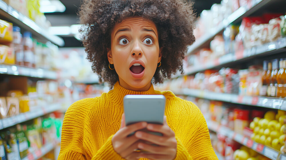QR codes in retail shown by young woman shocked looking at phone in a supermarket