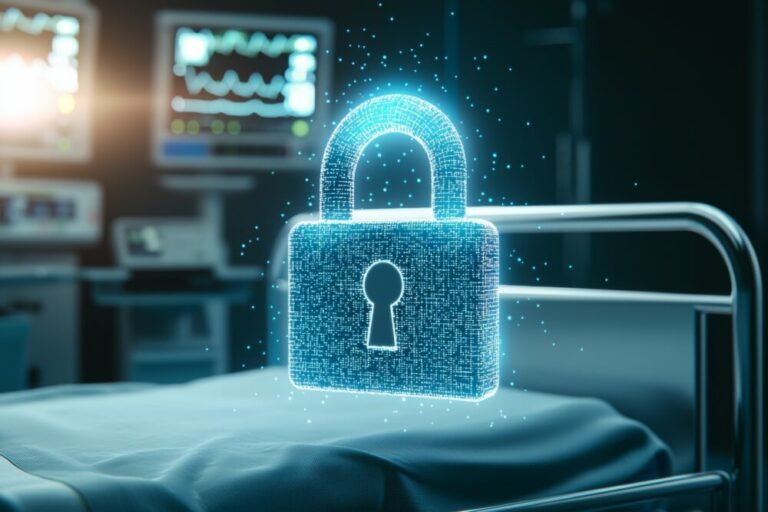 healthcare ransomware: a lock with a keyhole is shown in a hospital room. The lock is glowing and he is a high-tech security device.