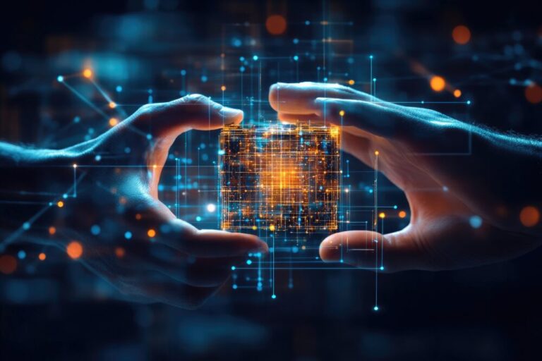 blockchain trends shown by Two hands holding and throwing a data cube,