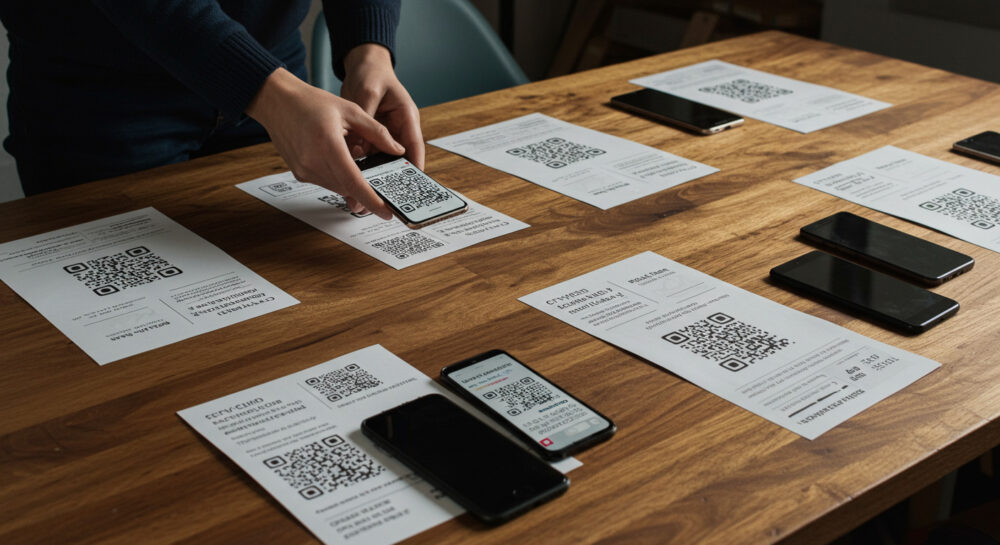 Table in a trendy-looking office with lots of printouts of flyers that include QR codes. Someone is standing over the table scanning one of the flyers with their phone. Other phones are sitting on the table.