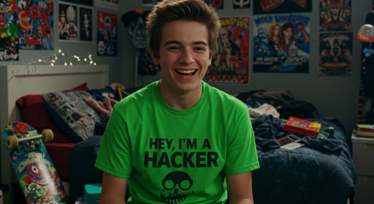 beware all hackers concept shown by teenager in bedroom wearing "Hey, I'm a hacker" t-shirt grinning at the camera