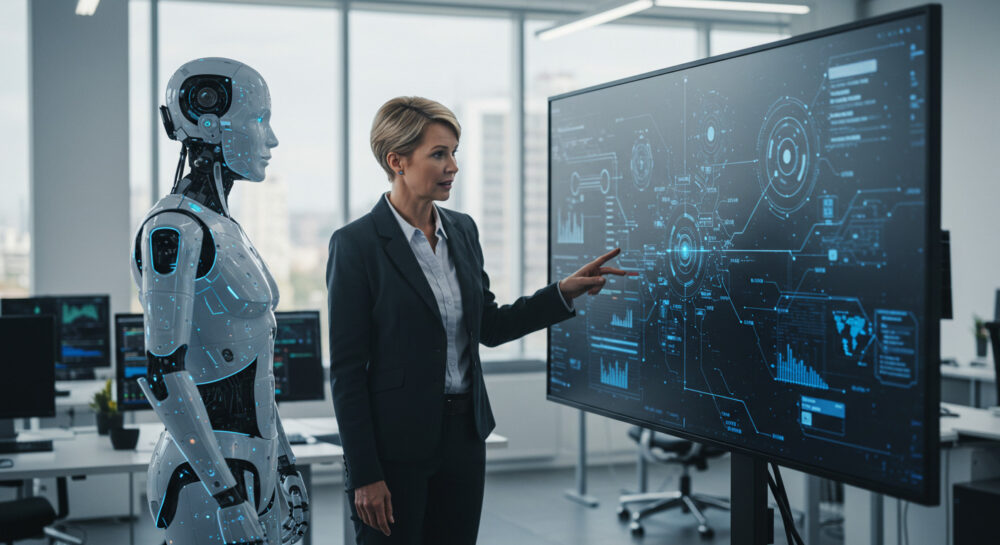 AI agents colleagues - supervisor helping AI agent in office