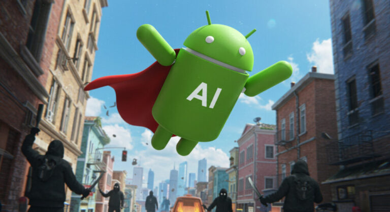 Google fraud fighter. Green Google Android robot flying through the sky like Superman. "AI" is on his chest. We can see hackers in the street below.