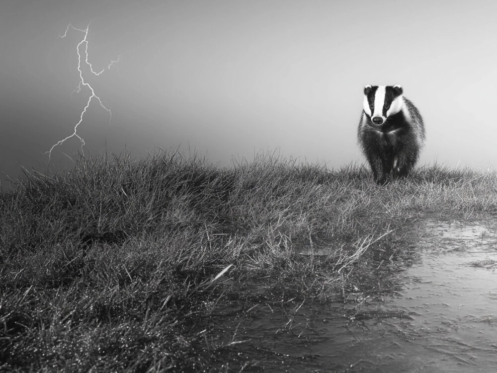 Midjourney-generated image of a badger walking across a field with lightning in background