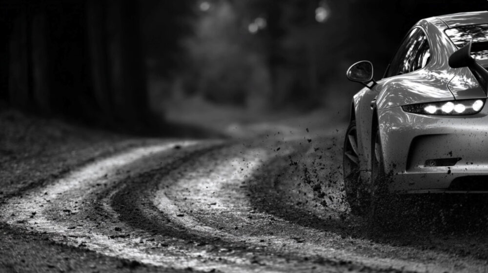 A Midjourney-generated image of a sports car driving down a country road