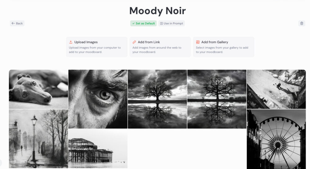 Midjourney moodboard menu